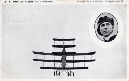 AV Roe In Flight At Blackpool Plane Pilot Antique Rare Postcard - Flieger