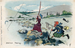 Salmon Fishing Lady Fisherman Comic Old Postcard With Fault - Humor