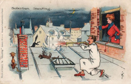 Suburban Shooting Scaring Rooftop Cats Old Comic Postcard - Humor