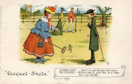 Croquet Shots Mallet Fat Lady Sports Priest Disaster Old Comic Postcard - Humor