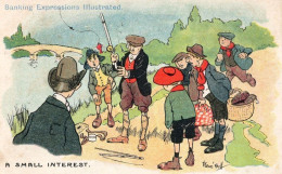 Casting A Rod Fishing Antique Banking Comic Old Postcard - Humor