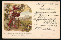 Lithographie Nürnberg, Deutsches Bundesschiessen 1897 - Historischer Schütze Mit Flagge, Ortsansicht  - Jagd