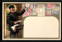Präge-AK Postbote, Briefkasten Und Briefmarken  - Francobolli (rappresentazioni)