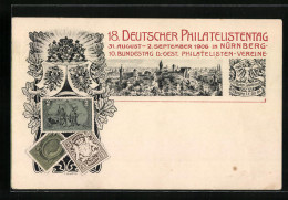Künstler-AK Nürnberg, 18. Deutscher Philatelistentag 1906, Briefmarken, Wappen, Ganzsache Bayern  - Briefmarken (Abbildungen)