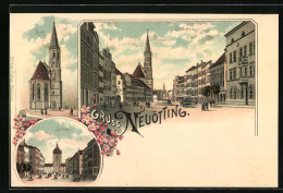 Lithographie Neuötting, Ortsansicht Mit Stadtplatz Und Kirche  - Neuötting