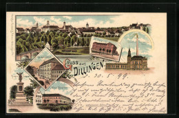 Lithographie Dillingen, Totalansicht Mit Neuer Kaserne Und Kgl. Gymnasium  - Dillingen