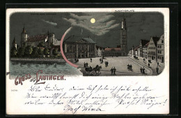 Mondschein-Lithographie Lauingen, Ortsansicht Mit Schloss Und Albertusplatz  - Lauingen