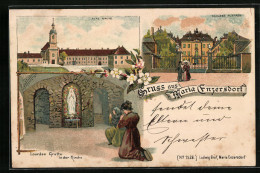 Lithographie Maria Enzersdorf, Lourdes Grotte In Der Kirche, Schloss Hunyady  - Autres & Non Classés