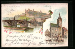 Lithographie Würzburg, Mainbrücke Mit Festung, Rathaus  - Würzburg