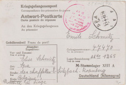 Prisoner Of War Card From Belgium To Germany, M-Stammlager XIII A Located Sulzbach-Rosenberg Posted Spa 11.4.1942. Posta - Militares
