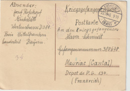 Prisoner Of War Card To German Prisoner In France, Depot P.G 134 Located Maurice Posted Eichstätt (Bay) 22.1.1946. Posta - Militares