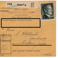 64438 - Deutsches Reich - 1943 - 1RM Hitler EF A PaketKte POSEN -> Kroeben - Lettres & Documents