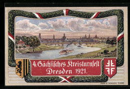 AK Dresden, Turnfest 1921, Stadtpanorama Mit Elbdampfer Im Eichenkranz, Wappen, Rückseitig Plakat  - Andere & Zonder Classificatie