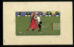 AK Kleines Paar Mit Tennisschlägern Beim Kuss Auf Dem Tennisplatz  - Tenis