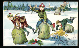 Präge-AK Knaben Springen über Geldsäcke Im Schnee, Neujahrsgruss  - Munten (afbeeldingen)