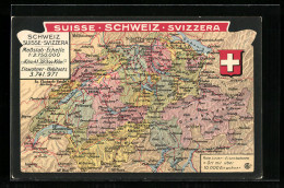 AK Schweiz, Landkarte Und Schweizer Wappen  - Cartes Géographiques