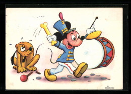 Künstler-AK Micky Maus Als Teil Einer Marschkapelle Mit Pluto  - Comicfiguren