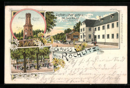 Lithographie Rochlitz, Gasthof Z. Stadt Leipzig, August-Turm, Concert-Garten  - Rochlitz