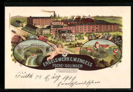 Lithographie Foche Bei Solingen, Schloss Burg, Stahlwarenfabrik Engelswerk C. W. Engels, Gesamtansicht  - Solingen