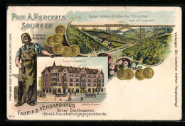 Lithographie Solingen, Stahlwaren Paul A. Henckels, Geschäftshaus, Schmied, Kaiser Wilhelm-Brücke Bei Müngsten  - Solingen
