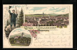 Lithographie Deggendorf, Teilansicht, Grüssender Wanderer, Schloss Egg  - Deggendorf