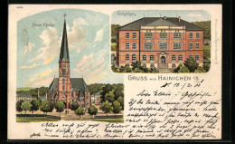 Lithographie Hainichen, Technikum, Neue Kirche  - Hainichen