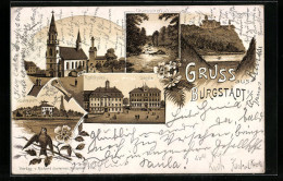Lithographie Burgstädt I. S., Rathaus Und Schule, Kirche, Taurastein  - Burgstädt