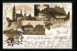 Lithographie Burgstädt I. S., Kirche, Rathaus, Rochsburg  - Burgstaedt