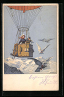 AK Frankfurt A. M., Internationale Luftschiffahrt Ausstellung 1909, Ballonfaher In Den Bergen, Brieftauben, Ganzsache  - Montgolfières