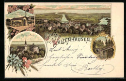 Lithographie Walzenhausen, Bahnhof Zur Drahtseilbahn, Rheinburg Und Kirche, Eisenbahnbrücke  - Walzenhausen