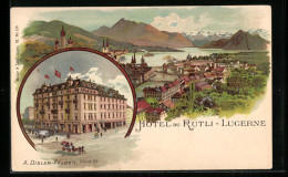 Lithographie Lucerne, Hotel Du Rutli, Panorama  - Sonstige & Ohne Zuordnung