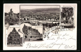 Lithographie Hameln, Rattenfängerhaus, Gertrudenbrunnen Und Hochzeits-Haus  - Hameln (Pyrmont)
