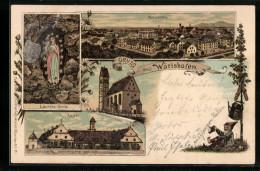 Lithographie Wörishofen, Kloster, Lourdes-Grotte, Gesamtansicht  - Bad Woerishofen