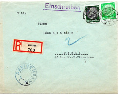 64454 - Deutsches Reich - 1936 - 50Pfg Hindenburg MiF A R-Bf VIERSEN -> Frankreich - Lettres & Documents