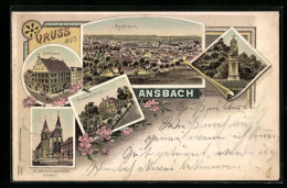 Lithographie Ansbach, Ortsansicht Mit St. Johanniskirche, Rathaus  - Ansbach