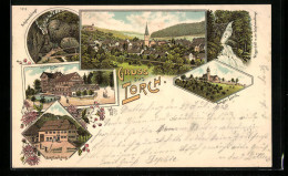 Lithographie Lorch, Gasthof Zur Harmoni, Schillerhaus, Kloster Loch  - Lorch