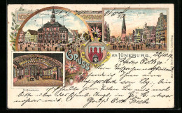 Lithographie Lüneburg, Strassenpartie Am Sande, Rathaus  - Lüneburg
