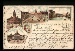 Lithographie Lüneburg, Am Sande, Kaiserl. Postamt, Rathaus  - Lüneburg