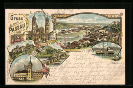 Lithographie Passau, Dom, Rathaus, Maria-Hilf-Kirche, Dampfer  - Passau