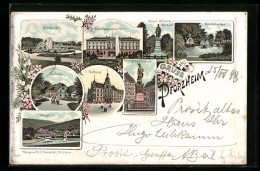 Lithographie Pforzheim, Rahtaus, Bahnhofanlage, Seehaus, Würmthal, Kunstgewerbeschule  - Pforzheim