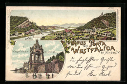Lithographie Porta Westfalica B. Minden, Totalansicht Mit Goldener Sonne, Kaiser Wilhelm Denkmal  - Porta Westfalica