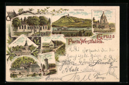 Lithographie Porta Westfalica, Aussichtsturm, Wittekindsburg, Kaiser Wilhelm-Denkmal, Hotel Kaiserhof  - Porta Westfalica
