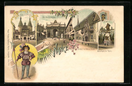 Lithographie Nancy, Arc De Triomphe, Porte De La Craffe, Monument De Thiers, Soldat Avec Hellebarde  - Nancy