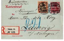 64467 - Deutsches Reich - 1907 - 10Pfg Germania GAKtenBf M ZusFrankat Als R-Bf LEIPZIG -> LARVIG (Norwegen) - Covers & Documents