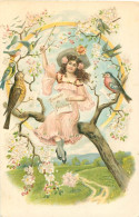 Illustration - Carte Gaufrée - Theme Oiseaux Enfant Fillette Musique     Q 2627 - Oiseaux