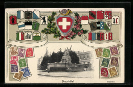Passepartout-AK Neuchâtel, Denkmal, Wappen Von Basel, Genf Und Wallis, Briefmaken  - Autres & Non Classés