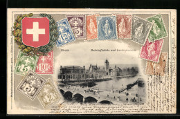 Präge-AK Zürich, Bahnhofbrücke Und Landesmuseum, Briefmarken Und Schweizer Wappen  - Autres & Non Classés