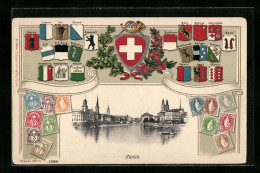 Präge-AK Zürich, Blick Vom Limmat Auf Die Stadt, Gerahmt Von Briefmarken Und Wappen Der Kantone  - Autres & Non Classés
