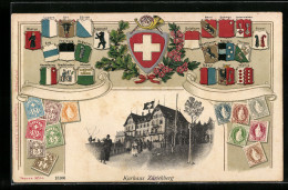 AK Zürich, Gasthaus Kurhaus Zürichberg, Briefmarken Und Wappen Der Kantone  - Autres & Non Classés