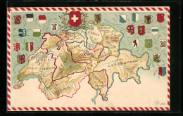 AK Landkarte Der Schweiz Mit Eingezeichneten Kantonen Und Wappen  - Maps